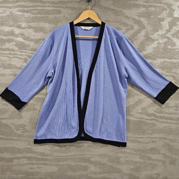 Misook SZ L Periwinkle 3/4 Sleeve Open Front Black Trim Dressy Cardigan - Picture 2 of 8